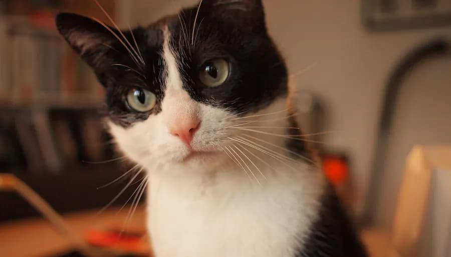 A black and white cat looking at the camera